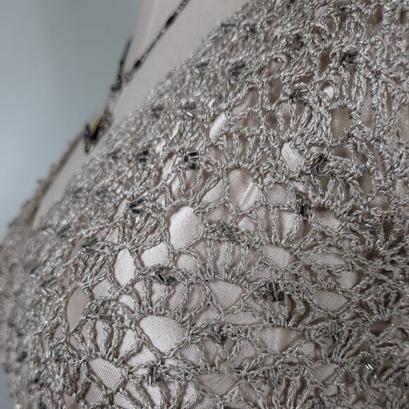 Carmen Marc Valvo Crochet Mini Cocktail Dress M Gold Tan Bead Boho Retro Glam - Picture 3 of 10